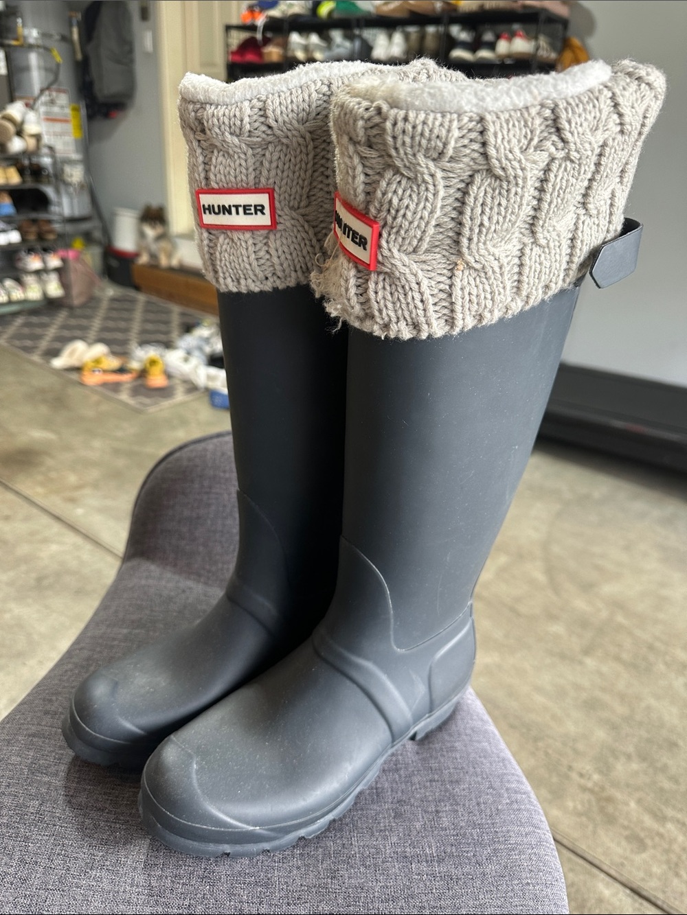 Hunter Black Rain Boots with Cream Knit Cuffs - Picture 2 of 11
